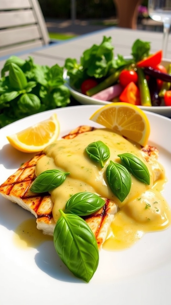 Grilled Mahi Mahi fillet with lemon basil sauce on a white plate, garnished with basil and lemon wedge.